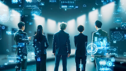 オフィスに立つビジネスパーソンのグループとデジタルデータ