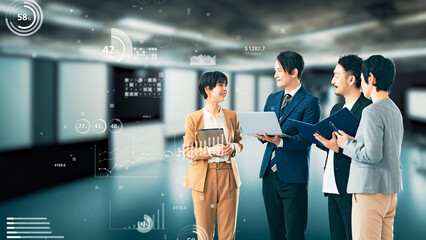 オフィスで会議する人々と統計グラフ