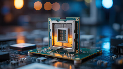 A close up shot of a cpu chip on a motherboard with a blurry background and orange glow inside it
