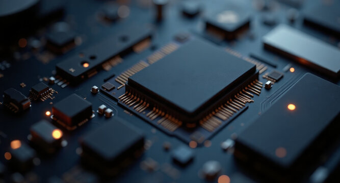 Close up of microchip on circuit board with copper traces and dark background
