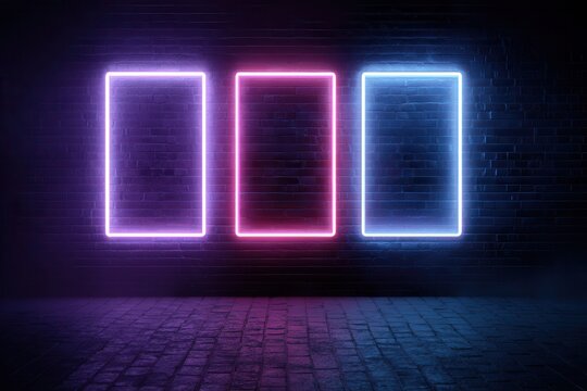 Three glowing neon rectangles in purple pink and blue on a brick wall