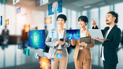 オフィスで立体映像を見るグループ