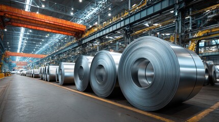 High definition photo of roll of Steel Sheet in Factory Warehouse. Strip Galvanised Steel Coil or Cold Rolled Strip, a Steel Product Produced from a Hot Rolled Strip. Steel Mill.