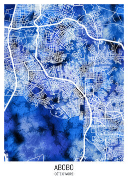 Abobo C&ocirc;te d'Ivoire City Map. Watercolor art downtown tourism, house art travel, scenic metropolis concept, travel art city, patriotic abstract banner, view office street