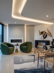 Fototapeta premium Modern minimalist living room with contemporary furniture, fireplace & large windows