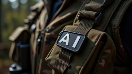 Tactical vest with AI patch and utility pockets in outdoor setting