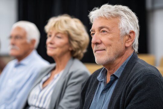 Three older adults engaged in a seminar, showcasing interest and attentiveness. The setting is professional and supportive.