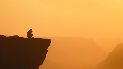 Naklejka premium Lone hiker silhouetted against a golden sunset on a rocky cliff