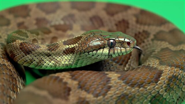 Intricate patterned snake close-up, flicking tongue, against vibrant green backdrop