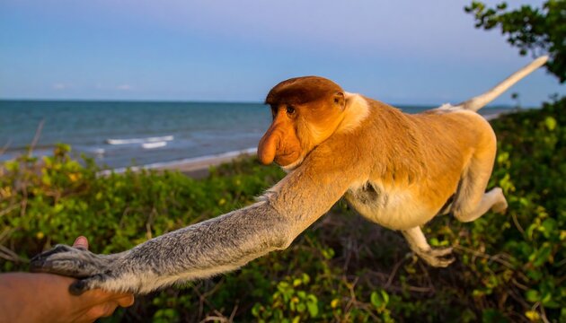Proboscis Monkey Reaching