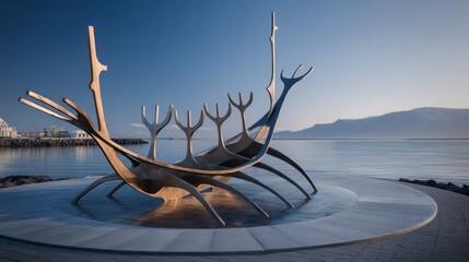 Sun Voyager sculpture at sunrise in Reykjavik with mountains on background
