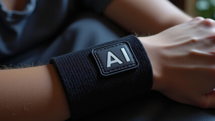 Black fitness armband with AI logo on arm during outdoor stretch exercise