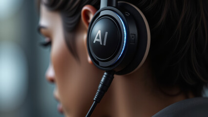 AI branded headphones worn by person with short hair in studio light
