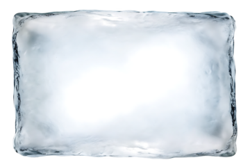 Frosted rectangular ice frame with textured edges isolated on a transparent background
