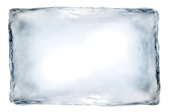 Frosted rectangular ice frame with textured edges isolated on a transparent background