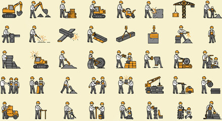 Fototapeta premium A collection of construction worker icons showcasing various tasks and equipment, presented in a flat, colorful style against a neutral background.