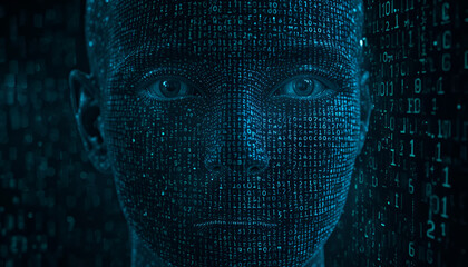 Futuristic digital human face with binary code, AI consciousness concept, virtual reality avatar, modern tech