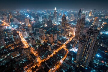 Aerial view of a sprawling metropolis at night