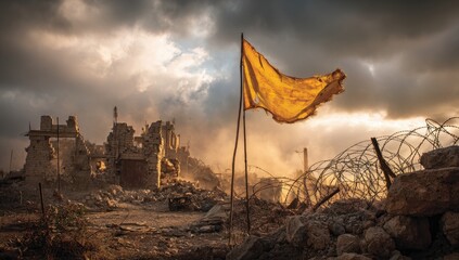 War-torn landscape with a tattered yellow flag