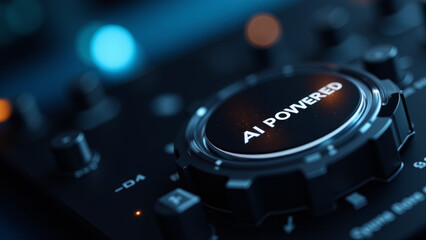 Black audio knob with AI powered label embedded on textured control panel