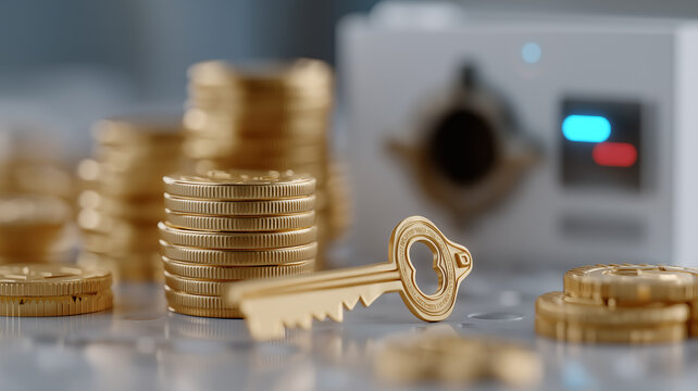 Golden Keys Unlocking Glowing Vault of Coins, Cash Stacks, and Rising Charts, Symbolizing Wealth Growth, Investment Success, and Financial Freedom with Modern Digital Data Streams and Warm Golden Ligh