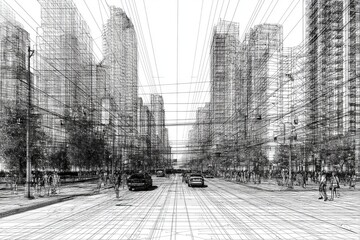 Urban cityscape in grayscale wireframe