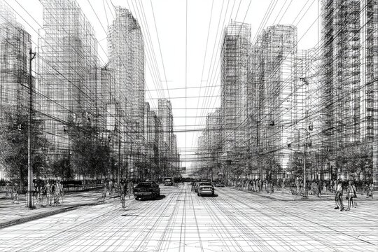 Fototapeta Urban cityscape in grayscale wireframe