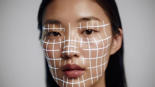 Portrait of Asian woman with projected grid lines on her face, digital and technology themes