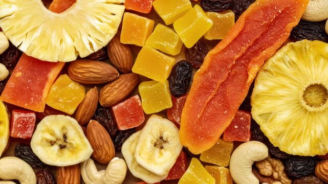 A vibrant mix of dried fruits and nuts, including pineapple rings, papaya slices, mango cubes, banana 