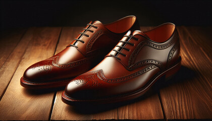 Brown Leather Brogue Dress Shoes with White Accents on Wooden Surface
