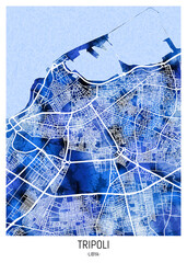 Tripoli Libya City Map. Watercolor art downtown tourism, house art travel, scenic metropolis concept, travel art city, patriotic abstract banner, view office street