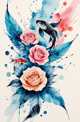 Delicate hand-painted watercolor artwork of tattoo motifs — flowing ink designs with roses, mandalas, koi fish and feathers blending into artistic pastel splashes, creative bohemian vibe
