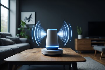 Smart speaker assistant on a wooden coffee table emitting glowing blue sound waves in a modern living room.