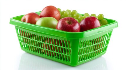 A vibrant green basket filled with fresh apples and grapes. This image captures the essence of healthy eating. Perfect for food blogs or nutrition guides. It showcases colorful fruits. AI