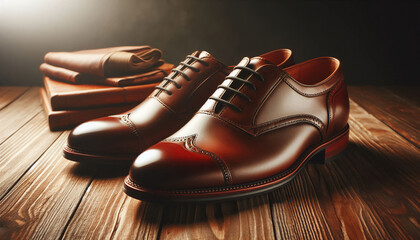 Brown Leather Lace-Up Dress Shoes on Wooden Floor