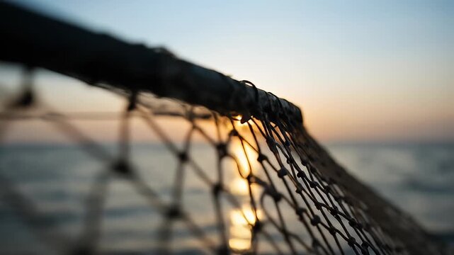 Fishing net casts soft shadows over sea during sunrise, horizon in the background