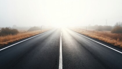 Fototapeta premium Wide angle asphalt road stretches towards foggy horizon. Dry grass and bushes line the highway. Sunlight pierces the mist, creating a sense of journey and discovery.