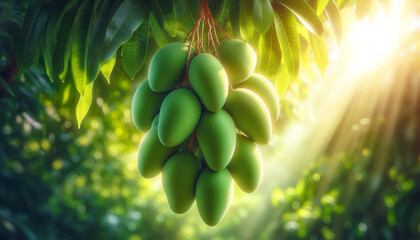 Fresh Green Mangoes Hanging on Tree with Sunlight Glow