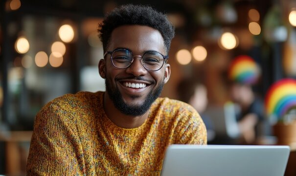 Happy gay black man working on a laptop. Smiling African American remote worker laughing on a video call with team colleagues. Pride Month banner featuring a rainbow flag, Generative AI
