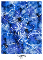 Yichang China City Map. Watercolor art downtown tourism, house art travel, scenic metropolis concept, travel art city, patriotic abstract banner, view office street