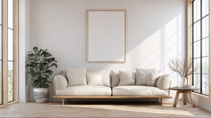 High definition photo of minimalist Living Room Interior Design: Beige Sofa and Wooden Frame against a White Wall.