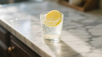 A refreshing drink with a lemon slice in a glass on a marble countertop