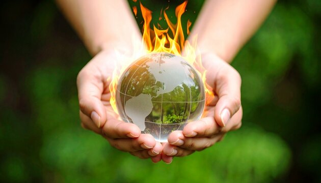 Hands holding an abstract burning green globe containing plants, depicting a massive forest fire disaster occurring in the world