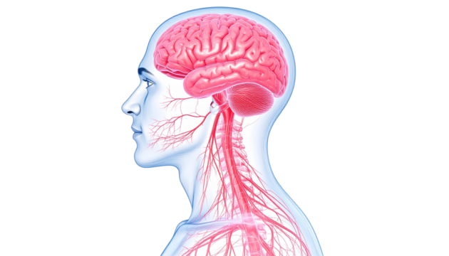 Human nervous system, full body diagram, brain, spinal cord, nerves, isolated on transparent background
