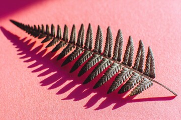 Dark fern leaf on pink background with shadows