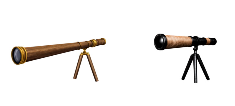 Vintage brass and wood telescope on tripod, antique observational instrument, cut out transparent