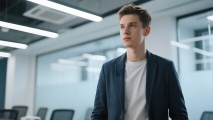 Obraz premium A young man in a blazer stands thoughtfully in a modern office environment.