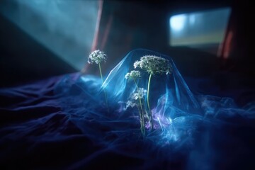 Soft-focus flowers draped in translucent blue fabric, bathed in a mystical light