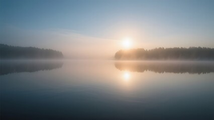 Fototapeta premium Sunrise Over a Misty Lake with Reflective Waters and Silhouetted Trees