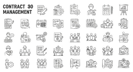 A comprehensive collection of outline icons illustrating various aspects of contract management, perfect for business administration and legal documentation.